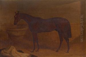 Portrait Of A Chesnut Horse With White Blaze In A Stable by John Frederick Herring