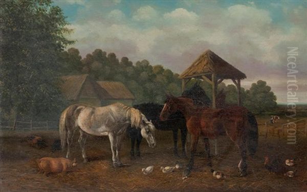 Horses And Other Animals In A Farm Yard - view 1