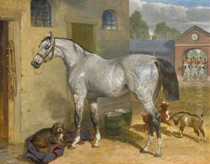 One Of The Scots Greys In A Yard With Dog And Goats by John Frederick Herring
