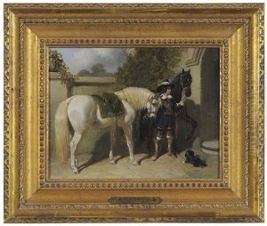 Courtier, Horses And Dog In A Courtyard
