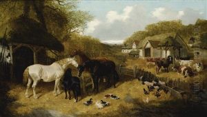 Cattle, Pigs, Ducks, Chickens And Horses In A Farmyard by John Frederick Herring the Younger
