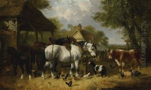 Shire Horses, Pigs And Other Livestock By A Stable With A Cottage And Church Beyond