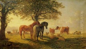 Cattle, Sheep And Horses Beneath Trees by Charles Herring