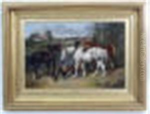Three Working Horses With Chickens Drinking From A Water Trough Whilst The Hunt Goes By by Herring, James