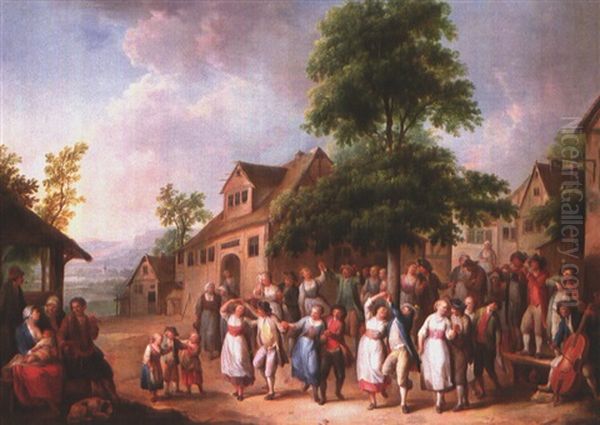 Markttreiben Mit Commedia Dell'arte Und Verkaufer Sowie Affchen (+ Musikanten Und Tanzende Paare Auf Dem Dorfplatz; Pair) - view 1