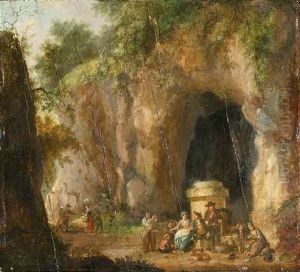 Waldlandschaft Mit Fahrendem Volk.vor Einem Denkmal Im Schatten Einer Grotte