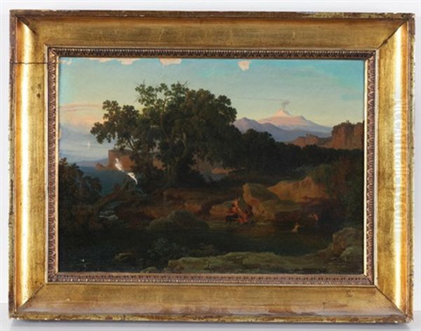 Der Vesuv Im Abendlicht Mit Weiter Kustenlandschaft Und Mythologischer Staffage Im Vordergrund (zentauren Mit Badenen Nymphen) - view 1