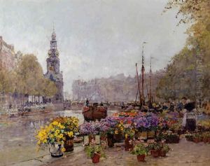 The Flower Market Along The Singel, Amsterdam, With The Muntorren Beyond