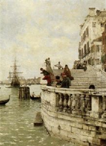Fischer Mit Ihrer Frauen Auf Der Freitreppe Vor Dem Palazzo Ducale In Venedig