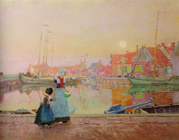 A Dutch Fishing Village At Dusk With Figures On A Quay - view 1