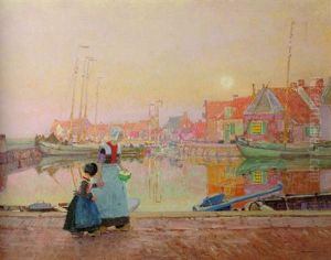 A Dutch Fishing Village At Dusk With Figures On A Quay
