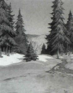 Schneeschmelze (sonnenbeschienene Waldlandschaft) by Theodor Herrmann