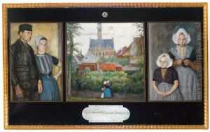 Father And Mother To The Left, Veere City Hall In The Centre, Two Daughters To The Right (triptych) by Otto Herschel