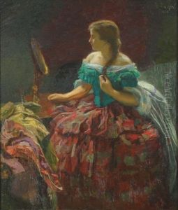 Young Woman Holding Her Braided Hair While Seated At Her Dressing Table (study)