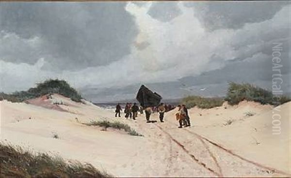 Beach Scene With Fishermen On Their Way Out With The Lifeboat - view 1