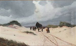 Beach Scene With Fishermen On Their Way Out With The Lifeboat by Oscar Herschend