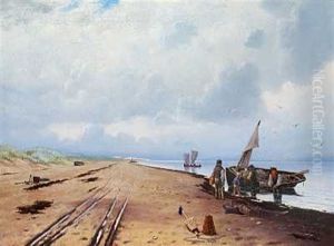 Fiskere Med Dagens Fangst Ved Deres Bad. Pa Strandbredden Ligger Sildehajer by Oscar Herschend