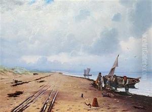 Fiskere Med Deres Fangst Ved Deres Bad. Pa Strandbredden Ligger Sildehajer by Oscar Herschend