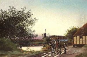 Maend Og Heste Foran En Bondegard I Et Solnedgangslandskab Med En Molle I Baggrunden by Oscar Herschend