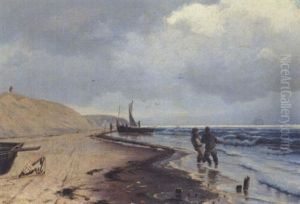 Strandparti Med Hoje Klitter, Fiskerbade Og Arbejdende Fiskere Strandparti Med Hoje Klitter, Fiskerbade Og Arbejdende Fiskere