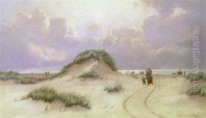 Strandparti Fra Klitmoller Med Personer Og Bade Pa Stranden by Oscar Herschend