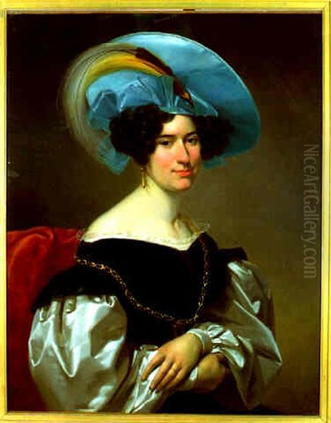 Portrait D'une Jeune Femme Au Chapeau Bleu Garni D'un Oiseau De Paradis - view 1