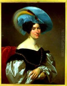 Portrait D'une Jeune Femme Au Chapeau Bleu Garni D'un Oiseau De Paradis