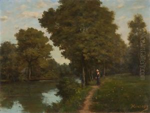 Bewaldete Flusslandschaft Mit Personenstaffage