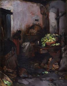 A Peasant Kitchen With A Washerwoman by Albert Hertel