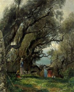 Sommerliche Kustenlandschaft Bei Nervi Mit Bauerinnen Und Ziegen