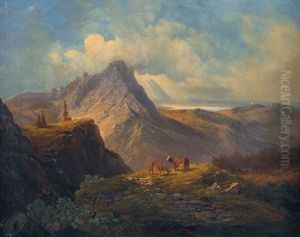 Stimmungsvolle Gebirgslandschaft Mit Kuhen by Albert Hertel