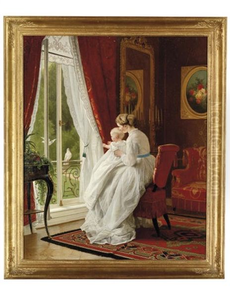 A Mother And Child Watching Doves At A Window - view 1