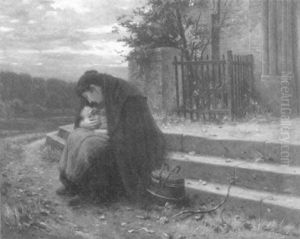 Ein Junge Mutter Sitzt Mit Ihrem Kind Auf Einer Kirchentreppe by Carl Konrad Julius Hertel