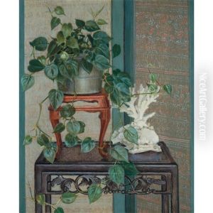 Still Life With Philodendrons And Coral by Adele Herter