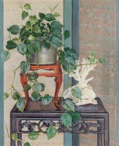 Still Life With Philodendrons And Coral by Adele Herter
