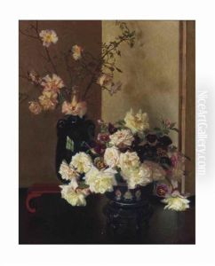 Still Life With An Ovoid Vase, A Famille Rose Punch Bowl And Roses by Albert Herter