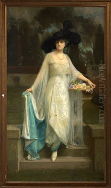 Portrait Of A Fashionably Dressed Lady In An Elegant Garden Setting - view 1