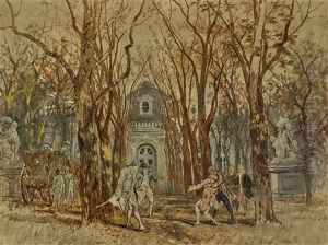 Duellszene Vor Einem Parkschlosschen by Ludwig Von Herterich