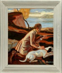 Jager Mit Hund Auf Der Lauer by Ludwig Von Herterich