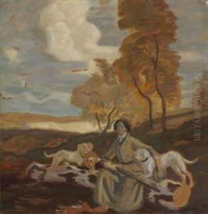 Dame Im Jagdkostum Mit Ihren Hunden In Herbstlicher Landschaft (+ Figure Study, Verso) by Ludwig Von Herterich