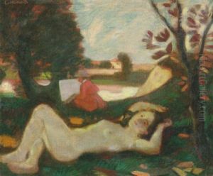 Liegender Akt In Landschaft by Ludwig Von Herterich