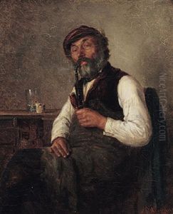 Sitzender Bartiger Handwerker Raucht Eine Pfeife