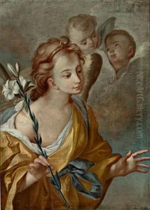 Verkundigungsengel Mit Lilie, Im Hintergrund Zwei Puttenkopfchen In Den Wolken by Johann Michael Hertz