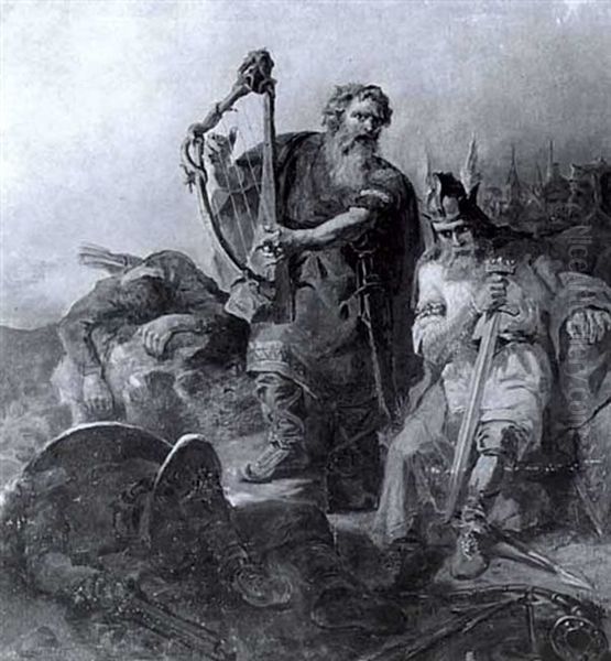 Historische Szene Aus Norden Europas: Ein Wikingerkonig Sitz Nach Verlorenem Kampf Am Schlacthfeld... - view 1