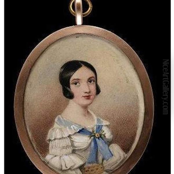 A Young Lady Wearing Elaborate White Dress, With Blue Ribbon About Her Shoulders And Held With A Flower At Her Corsage And Yellow Waistband - view 1