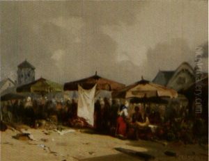 Scene De Marche En Normandie (honfleur ?) by Louis Adolphe Hervier