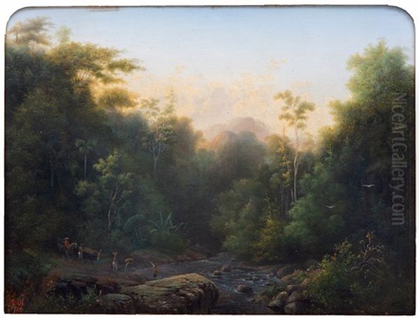 Tropical Forest Landscape On Java With Travellers Passing A River - view 1