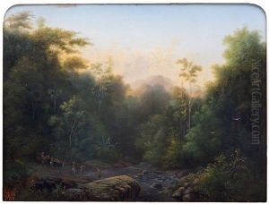 Tropical Forest Landscape On Java With Travellers Passing A River