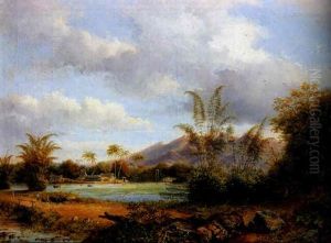 An Indonesian Sawah Landscape With A Kampong And A Cow Herd In The Foreground by Jacob Dirk Van Herwerden