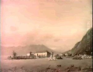 A North-african Mountainous Landscape With Nomads Resting In The Desert Near A Fortified Farm by Jacob Dirk Van Herwerden